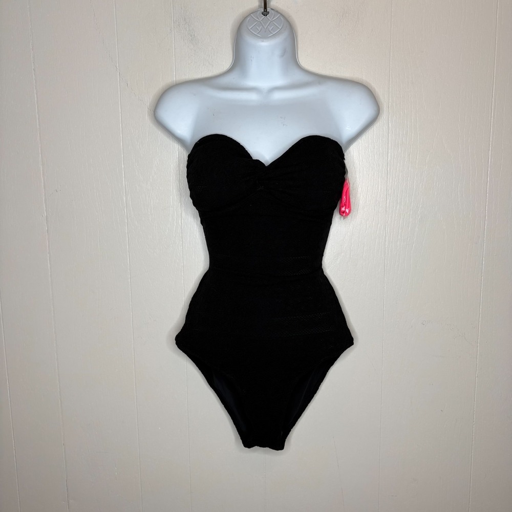 Victoria's Secret Bandeau One Piece Swimsuit M Black Lace Up Back Resort NWOT